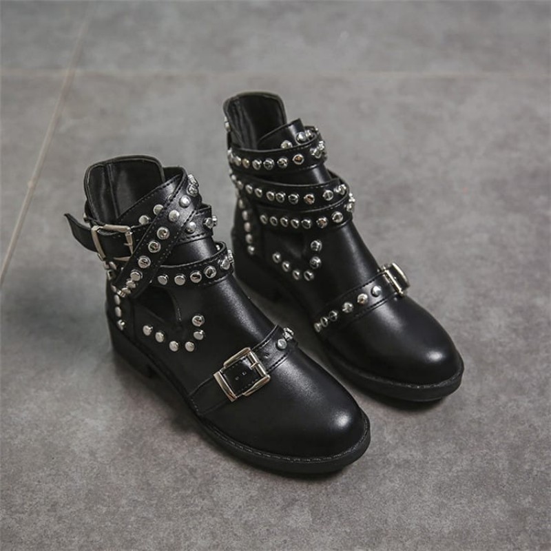 Size:4.5-11 Women Fashion Plus Size Solid Color Rivet Belt Buckle Short Boots