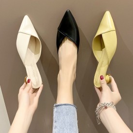 Women Chic Summer Pointed Toe Candy Color PU Cover Toe Low Heel Mules