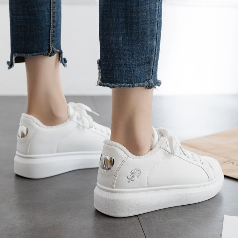 Women Casual Fashion Rose Embroidery Thick-Soled Comfortable PU Leather White 4