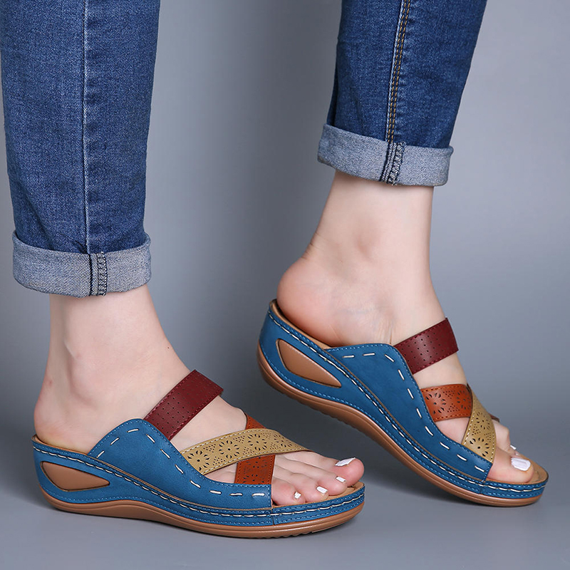 Women Ethnic Casual Cross Design Color Blocking Wedge 3