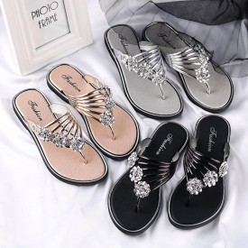 Women Fashion Sexy Flower Shape Rhinestone Decorative Flat Flip-flops