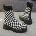 Women'S Fashion Round Toe Stretch Woven Plaid Short Boots