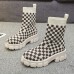 Women'S Fashion Round Toe Stretch Woven Plaid Short Boots