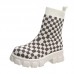 Women'S Fashion Round Toe Stretch Woven Plaid Short Boots