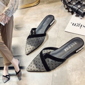 Women Fashion Pointed Toe Flat Mesh Square Heel Mules