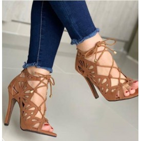 Women Fashion Sexy Solid Color Hollow Peep Toe Stiletto Heel Bandage Sandals