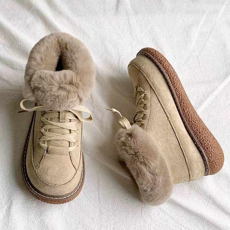 Suede Winter Women Fashion Lace-Up Velvet Warm Solid Color Round Toe Flat Snow Boots