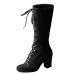 Women Fashion Solid Suede Plus Size Lace-Up Chunky Heel High Boots