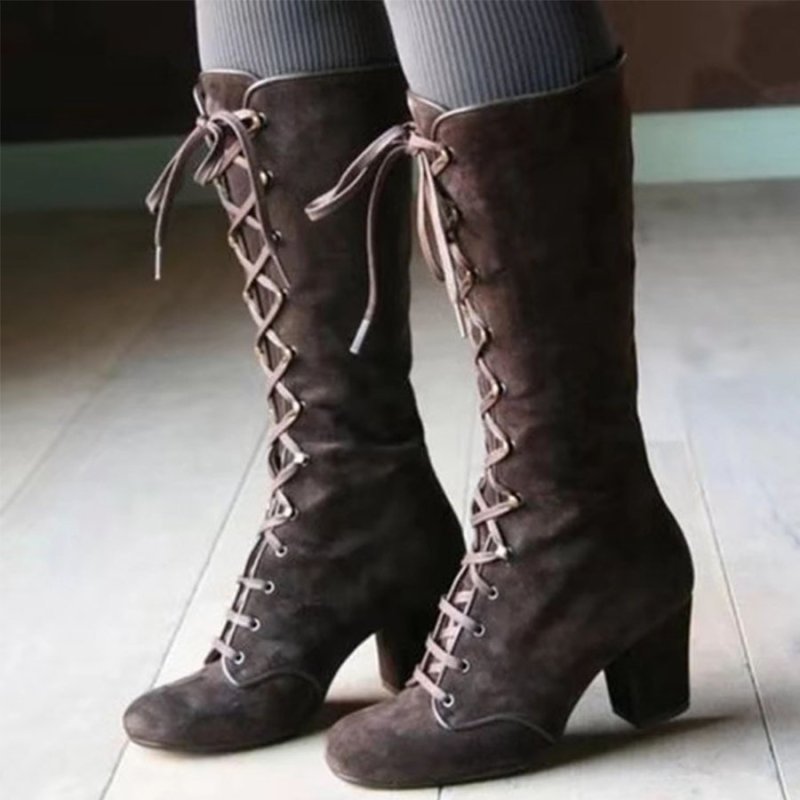 Women Fashion Solid Suede Plus Size Lace-Up Chunky Heel High Boots