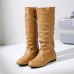 Women Retro Plus Size Solid Color Creased PU Round Toe Flat High Boots