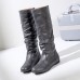 Women Retro Plus Size Solid Color Creased PU Round Toe Flat High Boots