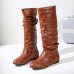 Women Retro Plus Size Solid Color Creased PU Round Toe Flat High Boots