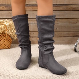 Women Fashion Plus Size Solid Color Side Zipper Mid-Calf Boots