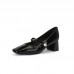 Women Fashion Vintage Patent Leather Square Toe Chunky Heel Pumps