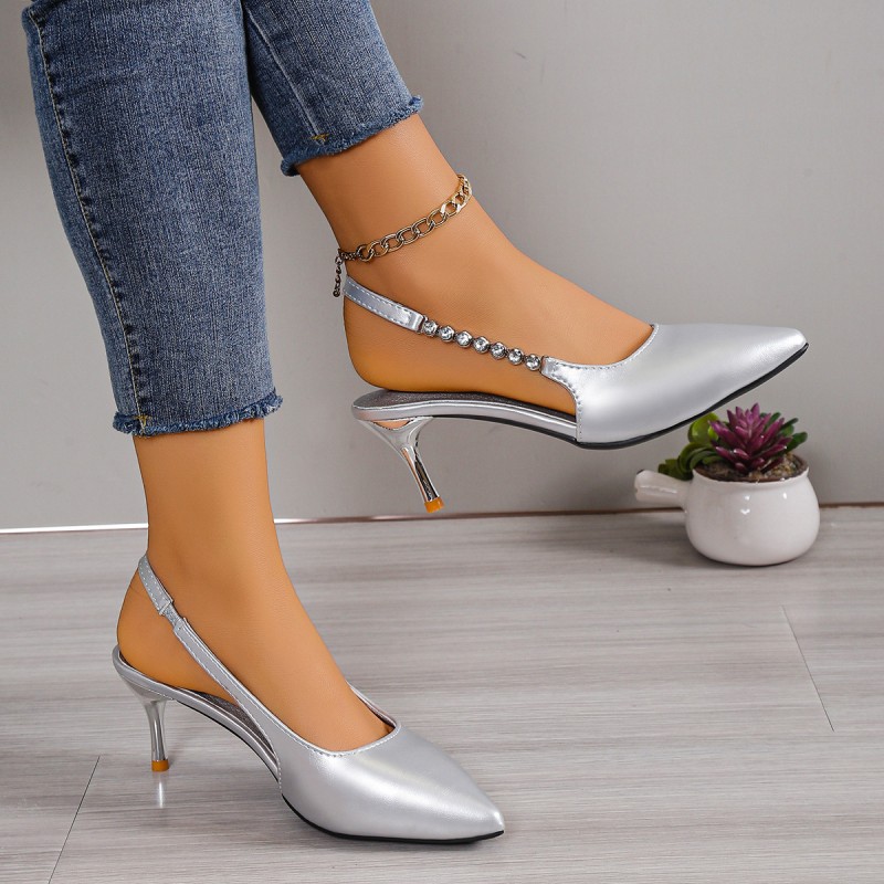 Summer Women Fashion Pointed Toe Rhinestone Heel Openwork High Heels