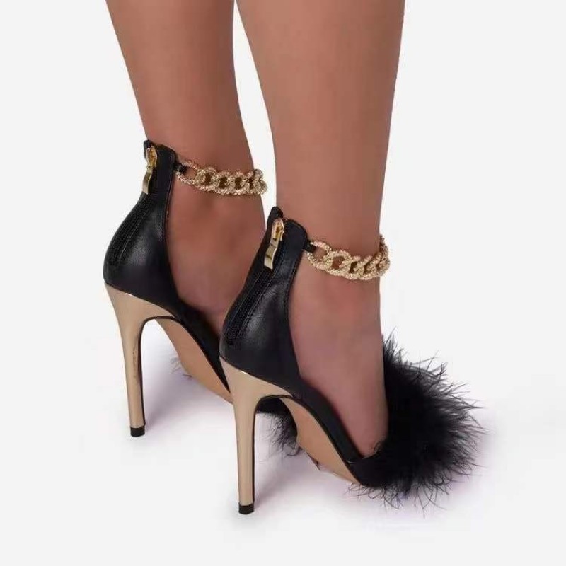 Summer Women Fashionable Plus Size Feather Tip Toe Chain Heeled Sandals